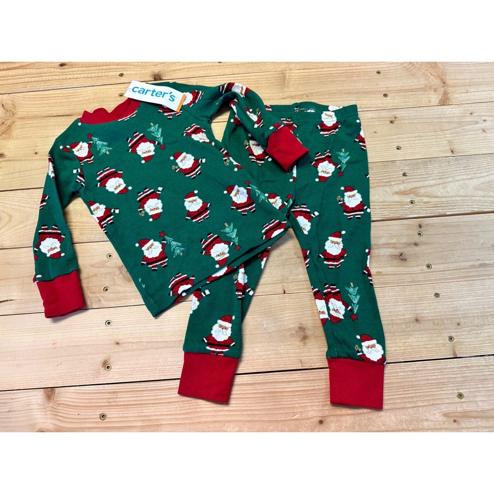 Carters Christmas Santa Pajamas Set Kids 12 Months Green Red Long Sleeve